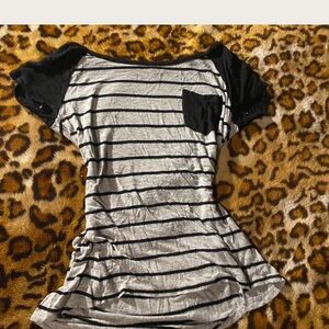 Gray and White Striped Cap Sleeve Tee with Relaxed Fit